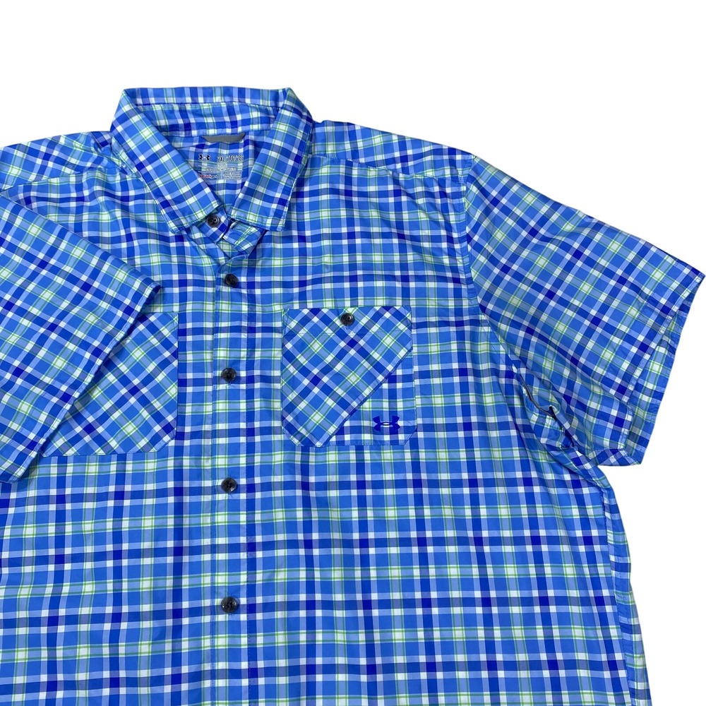Under Armour HeatGear Shirt Mens 2XL Blue Plaid Fishing Performace Button Vented